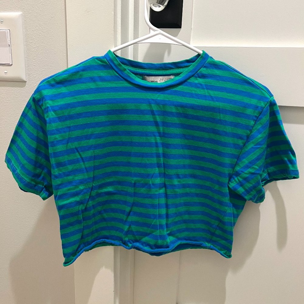 Pull&Bear Blue and Green Striped Crop Top
